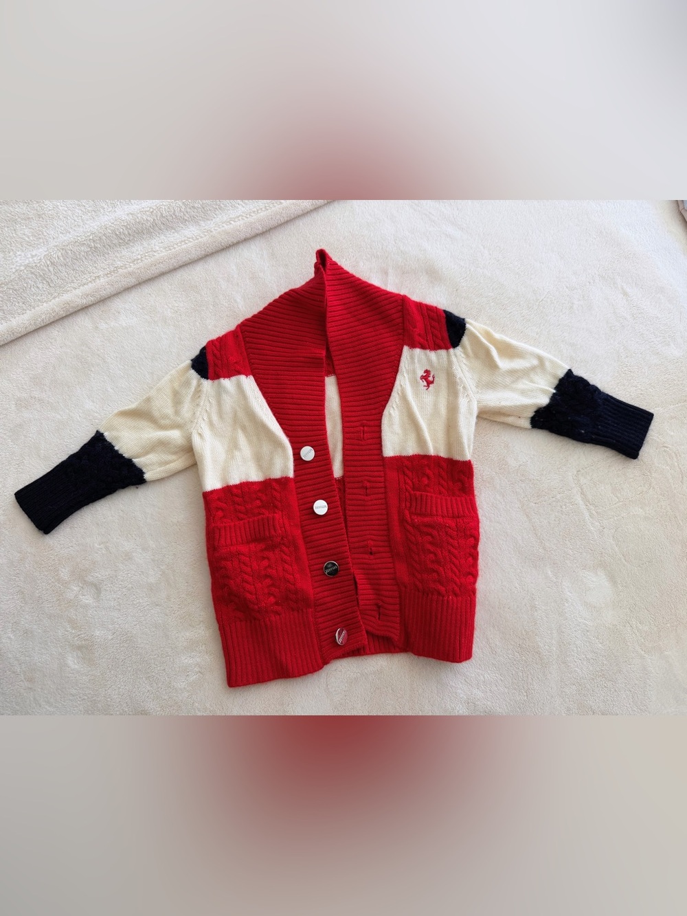 Ferrari Red & Cream Shawl-Collar Cable Knit Cardigan
